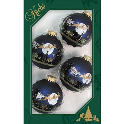 Image of Dekohelden24 Lauschaer Christmas Tree Decorations Set of 4 Baubles in Blue Mat with Scene 7 cm Golden Crown