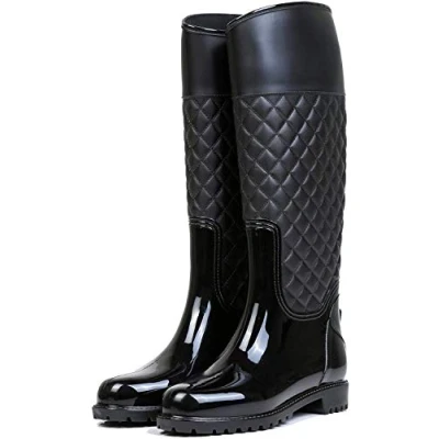 Image of AONEGOLD Women Wellington Boots Knee High Rain Waterproof Warm with Soft Villi Spliced Rainshoes(Black,4 UK)