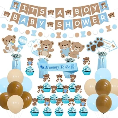 Image of Bear BABY SHOWER Decorations IT S A BOY Banner Centerpiece Cake Topper Cupcake Toppers for Teddy Theme Birthday Party Supplies Blue and Brown