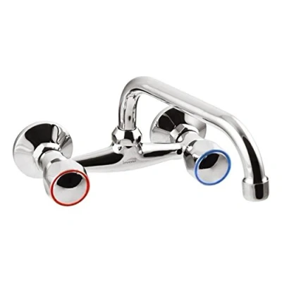 Image of Wall Mounted Chrome Washbasin Sink Mixer Tap Round Headed 25cm C Type Spout
