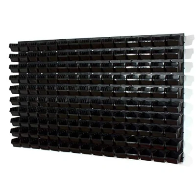 Image of 150 black XS size storage bins with wall mounted panel