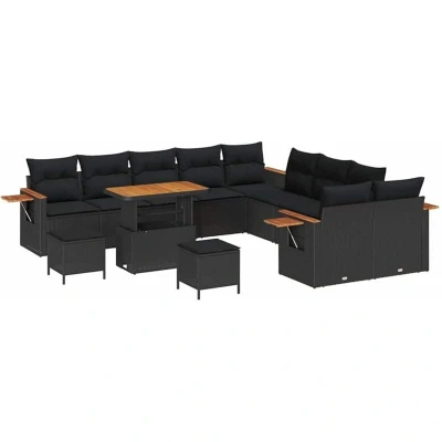 Image of vidaXL 13 Piece Garden Sofa Set with Cushions Black Poly Rattan Acacia
