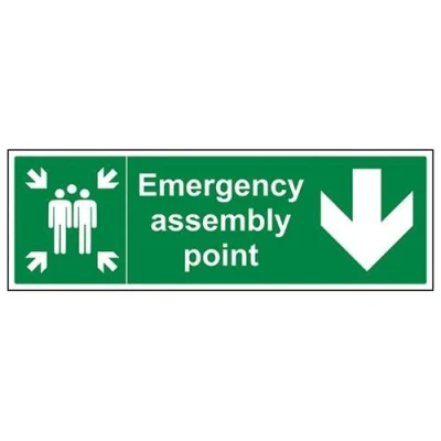 Image of V Safety Emergency Assembly Point Arrow Down Sign 600mm x 200mm Self Adhesive Vinyl