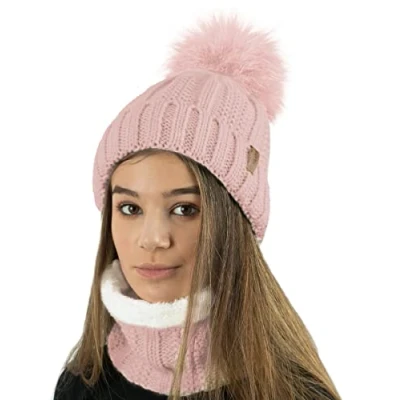 Image of TOSKATOK Ladies Womens Winter Rib Seed Stitch Beanie Bobble Hat with Warm Cosy Fleece Liner &amp; Large Faux Fur Pom Nude Set