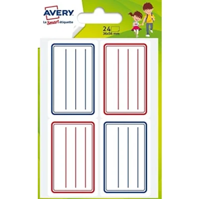 Image of Avery ECOL24 Pack of 24 School Labels 36 x 56 mm Blue and Red
