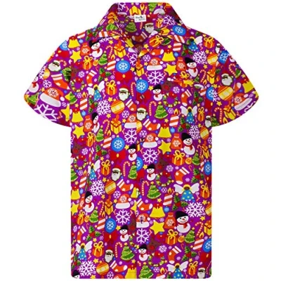 Image of King Kameha Men Christmas Santa Claus Office Party Short Sleeve Button Down Shirts, Allover, Pink, 5XL