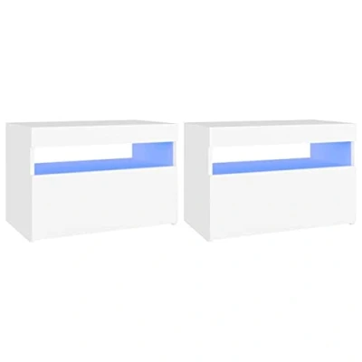 Image of vidaXL Bedside Cabinet Dual Set in White Engineered Wood with Color Changing LED Lights Modern Style Nightstands for Bedroom Storage