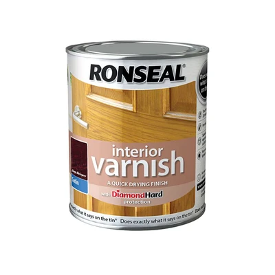 Image of Ronseal RSLIVSDM250 250ml Quick Dry Satin Interior Varnish Deep Mahogany