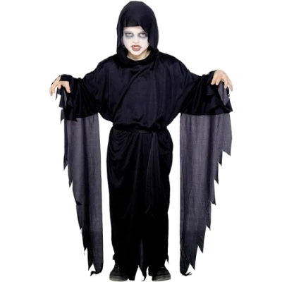 Image of Smiffys Screamer Ghost Costume, Black with Hooded Robe &amp; Belt, Halloween Child Fancy Dress, Dress Up Costumes