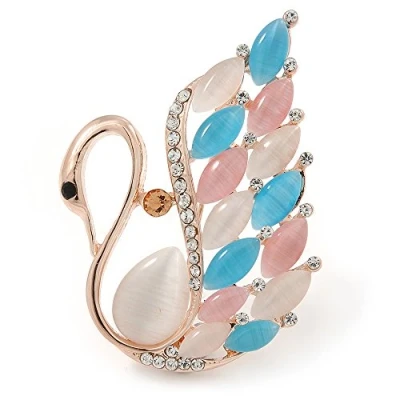 Image of Avalaya Gold Plated Multicoloured Cat Eye Stone, Clear Crystal Swan Brooch 45mm L
