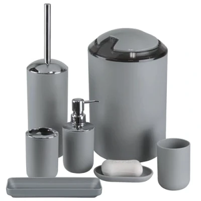 Image of Bathroom Accessories SetIMAVO 6 Pcs Plastic Toothbrush HolderToothbrush CupSoap DispenserSoap DishToilet Brush and HolderWaste BinTumbler with Straw for Grey