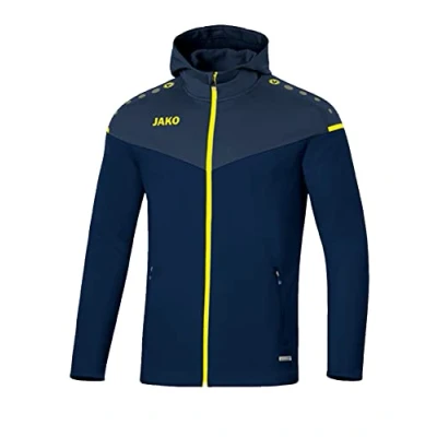 Image of JAKO Women&#039;s Champ 2.0 Hooded Jacket, Navy/Dark Blue/Neon Yellow, 36 (EU)