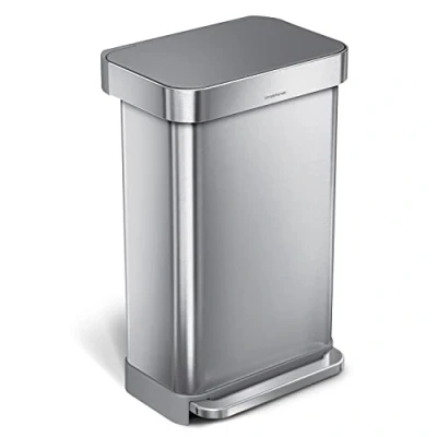 Image of simplehuman CW2080 45L Rectangular Kitchen Pedal Bin with Liner Pocket, Silent Soft Close, Strong Pedal, Dent Proof Lid, Brushed Stainless Steel Grey Plastic W 40.5cm x H 65.5cm D 33.8cm