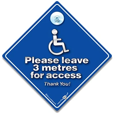 Image of Please Leave 3 Metres for Access Car Sign, Disabled Driver Disability Advisory Vehicle Sign Wheelchair User in Super Bright Blue and Silver 14cm x 2cm