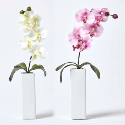 Image of HOMESCAPES Set of 2 Artificial Cream &amp; Pink Orchids in Thin Case with Lifelike Leaves Real Wood Stems Faux Plant for Indoor Decoration