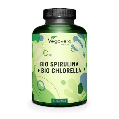 Image of Vegavero Organic Spirulina and Chlorella Capsules High Strength 2000 mg Per Serving 240 NO Additives Pure Powder Vegan