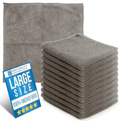 Image of Microfiber Cleaning Cloth, Large Size 40x40cm, Super Absorbent Lint Free Microfibre Cloths for Home, Kitchen, Surface, Mirrors, Bathrooms, Motorbike, Car (Grey, 10)