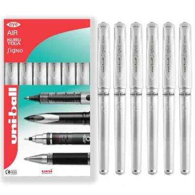 Image of uni ball Signo Pen UM 153 Broad Metallic Gel Ink Rollerball Metal 1.0mm Tip Nib Rubber Grip In Gift Box (Pack of 6, White)