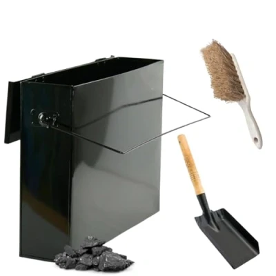 Image of Trendi Fireside Black Ash Carrier Metal Cold &amp; Hot Tidy Box Galvanised Storage with Free Shovel and Brush Fireplace Pan Bucket Bin for Fireplaces Wood Burning Stoves