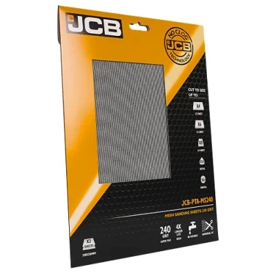 Image of JCB 240 Grit Mesh Sanding Sheets 2 x Very Fine Metal Paper Power Tool Accessory, Compatible with Palm, Orbital and Disc Sanders Ideal for Surface Preparation Finishing