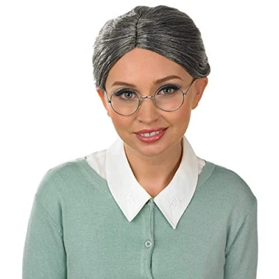 Image of Fun Shack Grey Granny Wig and Glasses, Old Lady with Bun, Wigs for Women, Adult, Grandma One Size
