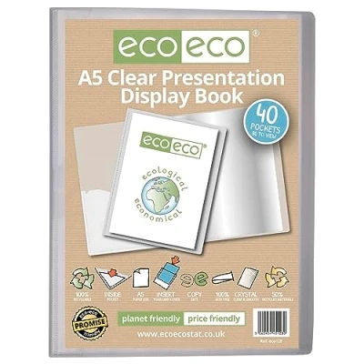 Image of eco A5 Size 50 Percent Recycled 40 Pocket Clear Presentation Display Book, Storage Case Portfolio Art Folder with Plastic Sleeves, eco128