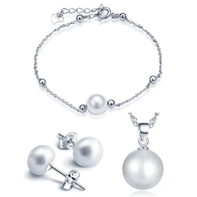 Image of Yumilok Jewelry 925 Sterling Silver Classic Pearls Necklace Bracelets Earring Stud Set for Women/Girls