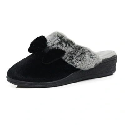 Image of DUNLOP Women&#039;s Ladies Pamela Memory Foam Backless Low Wedge Heel Mule Slipper in Navy Blue or Lilac Size 3,4,5,6,7,8 (Black Bow, UK Footwear System, Adult, Women, Numeric, Medium, 4)