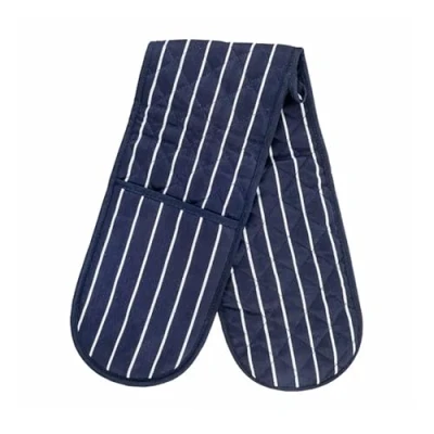 Image of Le Chateau Butchers Stripe Unisex Double Oven Glove Navy &amp; White Cotton Polyester Mitt Kitchen Linen Gift