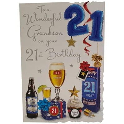 Image of Jonny Javelin Wonderful Grandson Happy 21st Birthday Card Age 21 Balloons Presents Beer Glass