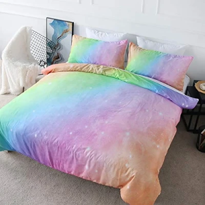 Image of BlessLiving Girly Duvet Cover Rainbow Glitter Ombre Bedding Sets 3 Pcs Chic Unicorn Pink Purple Blue Green Pastel Bed Spreads Sparkle Quilt Set with 2 Pillow Shams (Super King)