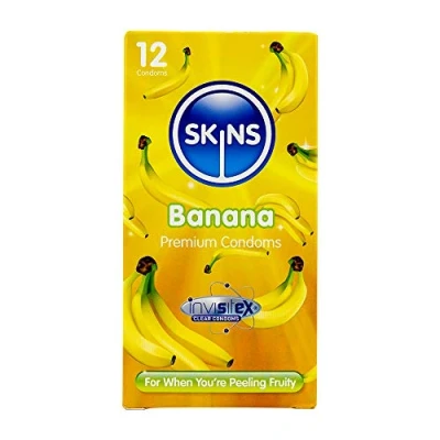Image of Premium Skins Banana Flavoured Condoms for Oral and Intercourse Ultra Thin Oral, Extra Lube Pleasure Discreet Pack of 12