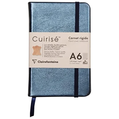 Image of Clairefontaine Ref 400099C Cuirisé&#039; Leather Hardcover Notebook (144 Pages) A6 (105 x 148mm) in Size, Plain Rulings, Genuine Leather, Elastic Closure Indigo