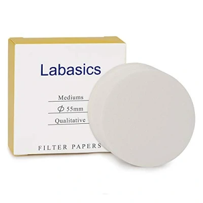 Image of Labasics Qualitative Filter Paper Circles, 55 mm Diameter Cellulose with 15 20 Micron Particle Retention Medium Filtration Speed, Pack of 100