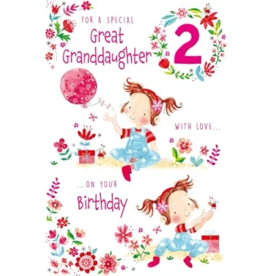 Image of Paper Rose Special Great Granddaughter 2nd Birthday Card Age 2 Cute Girl in Dungarees, Presents &amp; Flowers Design with Foil Details Eco Friendly and Recyclable