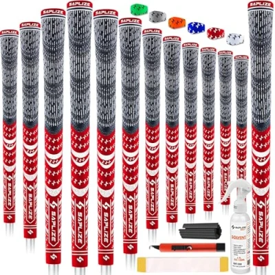 Image of SAPLIZE Golf Grips 13 Piece with Complete Regripping Kit, Standard Size, Cord Rubber, Hybrid Club Grips, Red