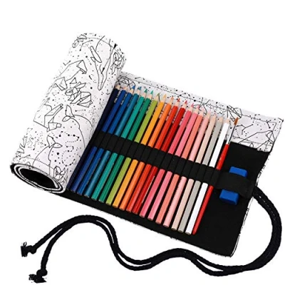 Image of Amoyie Canvas Color Pencil Bag Hand Roll Up Case for 36 Coloring Gel Pen Artist Pen, Portable Beige Holes