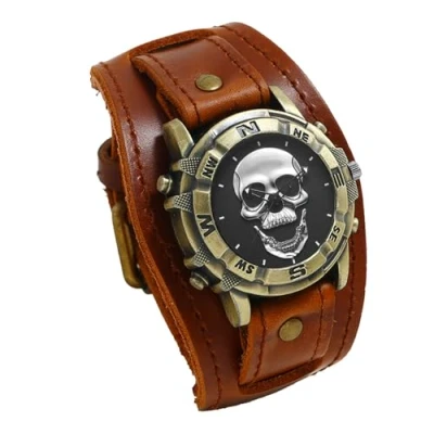 Image of JewelryWe Men&#039;s Brown Leather Watch: Vintage Sport Casual Analog Quartz Halloween Punk Biker Skull Decorative Face Wide Strap Watch