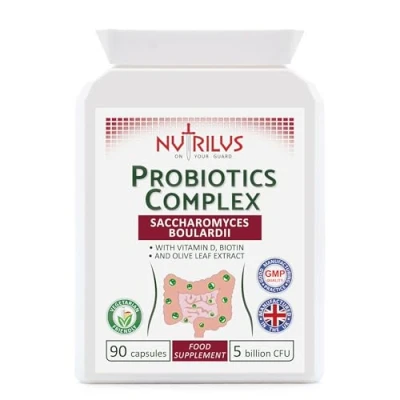 Image of Probiotics Complex Saccharomyces Boulardii 90 Capsules 5 Billion CFU Biotin, Vitamin D, Olive Leaf Digestive Hangover Gut Flora Balance