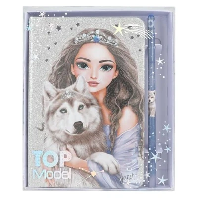 Image of Depesche TOPModel 13176 Glitter Silver and Blue Notebook with Wolf Motif, Stars 160 Pages, Includes Pencil, Multicoloured