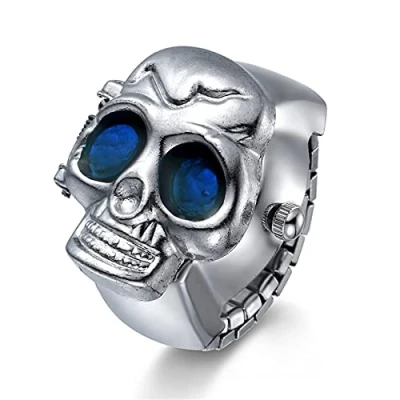 Image of JewelryWe Men Women Finger Watch Punk Skull Flip Open Cover Quartz Analog Ring Watches, Adjustable Size