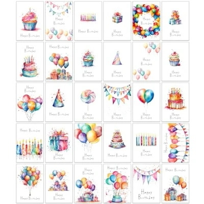 Image of 30 Bright Watercolour Birthday Cards with Envelopes made from Recycled Paper Different Designs (30 Cards)