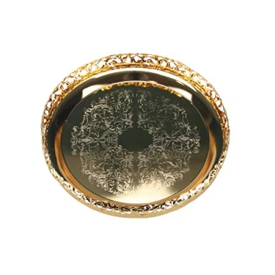 Image of Gold Serving Tray Round Decorative Mirror Polished Paandan Plated Engraved Centrepiece Tealight Candles Plate Tea Fruit Platter Snacks Cupcake Drinks 23cm (Style 1 Gold)