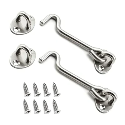 Image of BuxiuGK 2 Pack Cabin Hook Eye Door Latch Stainless Steel 4 Inch/100mm with 8 Mounting Screws for Shed Doors Cabinet