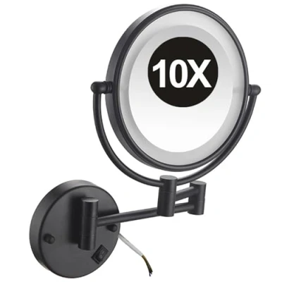 Image of YSOLDA 8 Inch Hardwired Wall Mounted Lighted Makeup Mirror, Dual Sided LED Vanity 360 Adjustable 10X Magnifying Cosmetic Brass Shaving Mirror for Bathroom Hotel,Black,push button