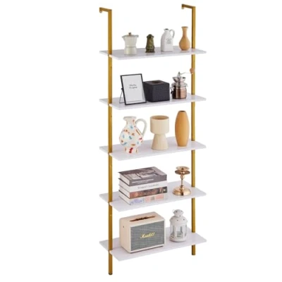 Image of VEVOR Industrial Square Pipe Shelf, 5 Tier 24x11.8in, Wall Mount Floating Rustic Wood Shelves Bracket Display Bookshelf,Storage Rack Sundries Holder for Kitchen Bedroom Bathroom Living Room Gold White