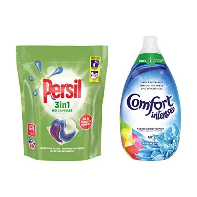 Image of Persil Bio Washing Detergent Capsules and Comfort Intense Fresh Sky Fabric Conditioner 3 month supply Perfect Clean Laundry Bundle 50 Washes