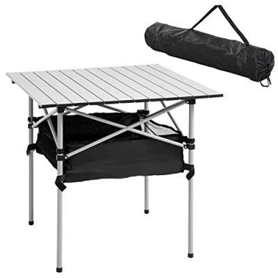 Image of Outsunny 70cm Aluminum Roll Top Table w/Mesh Bag Camping Outdoor Dining Foldable w/Steel Frame Picnic Lightweight Hiking Furniture Desk, Silver