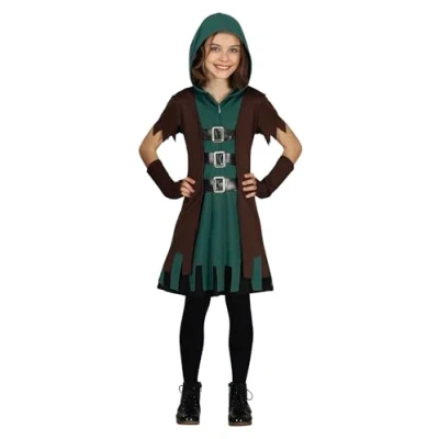 Image of FIESTAS GUIRCA Green Archer Fancy Dress Costume for Girls Hero Outfit with Dress, Hood and Waistcoat Children 7 9 Years