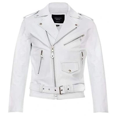 Image of Men&#039;s Leather White Brando Biker Jacket Rock Motorcycle Retro Hide 6XL